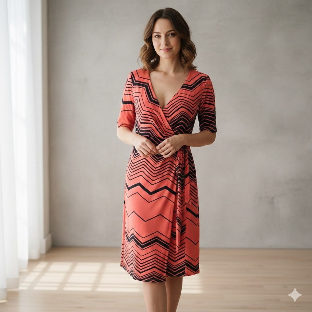 Motherhood Maternity Womens Size Medium Wrap Dress Coral Pink Black Chevron Chic